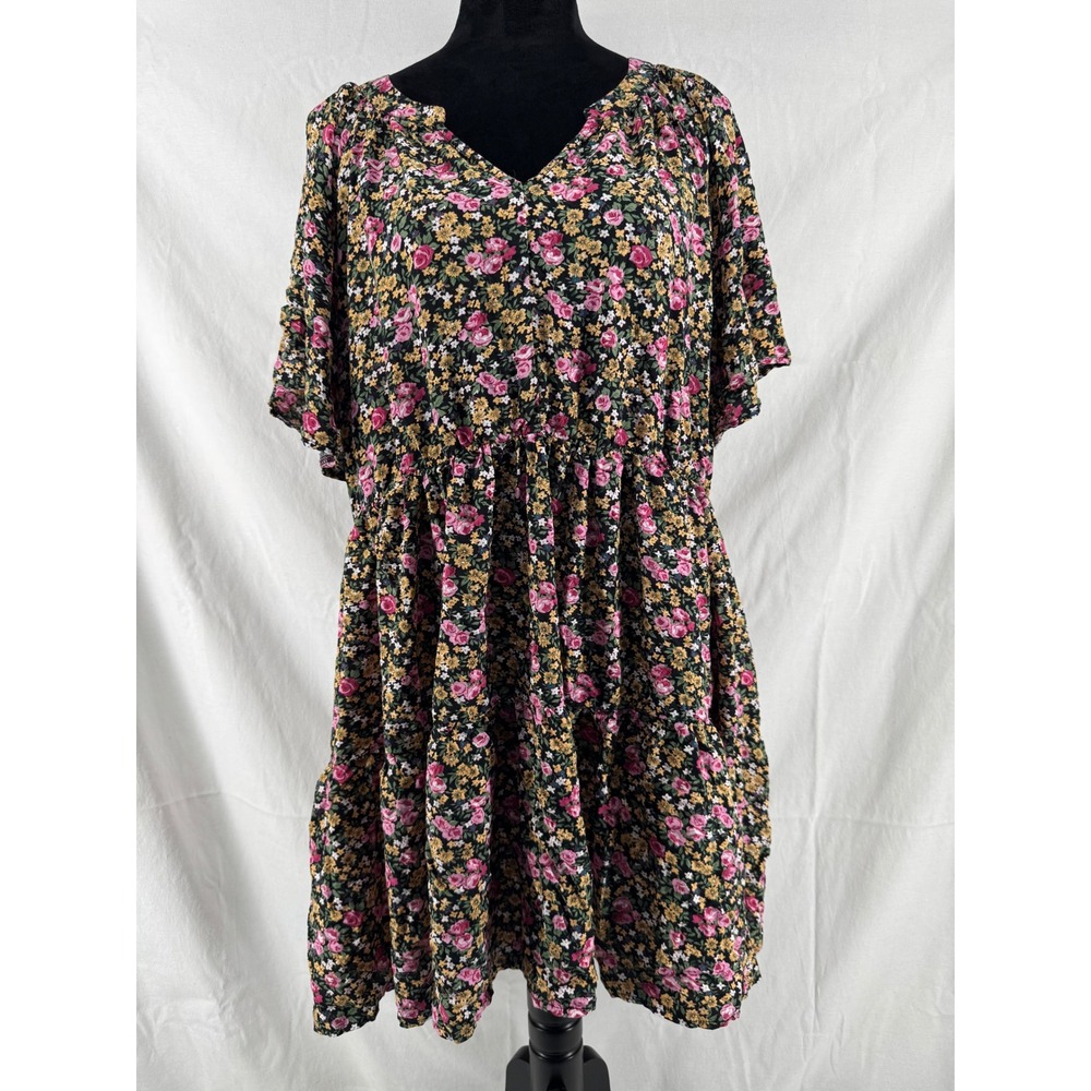 Nemidor Women Plus Size 22 Floral Babydoll Dress V-Neck‎ Tiered Mini Black Pink
